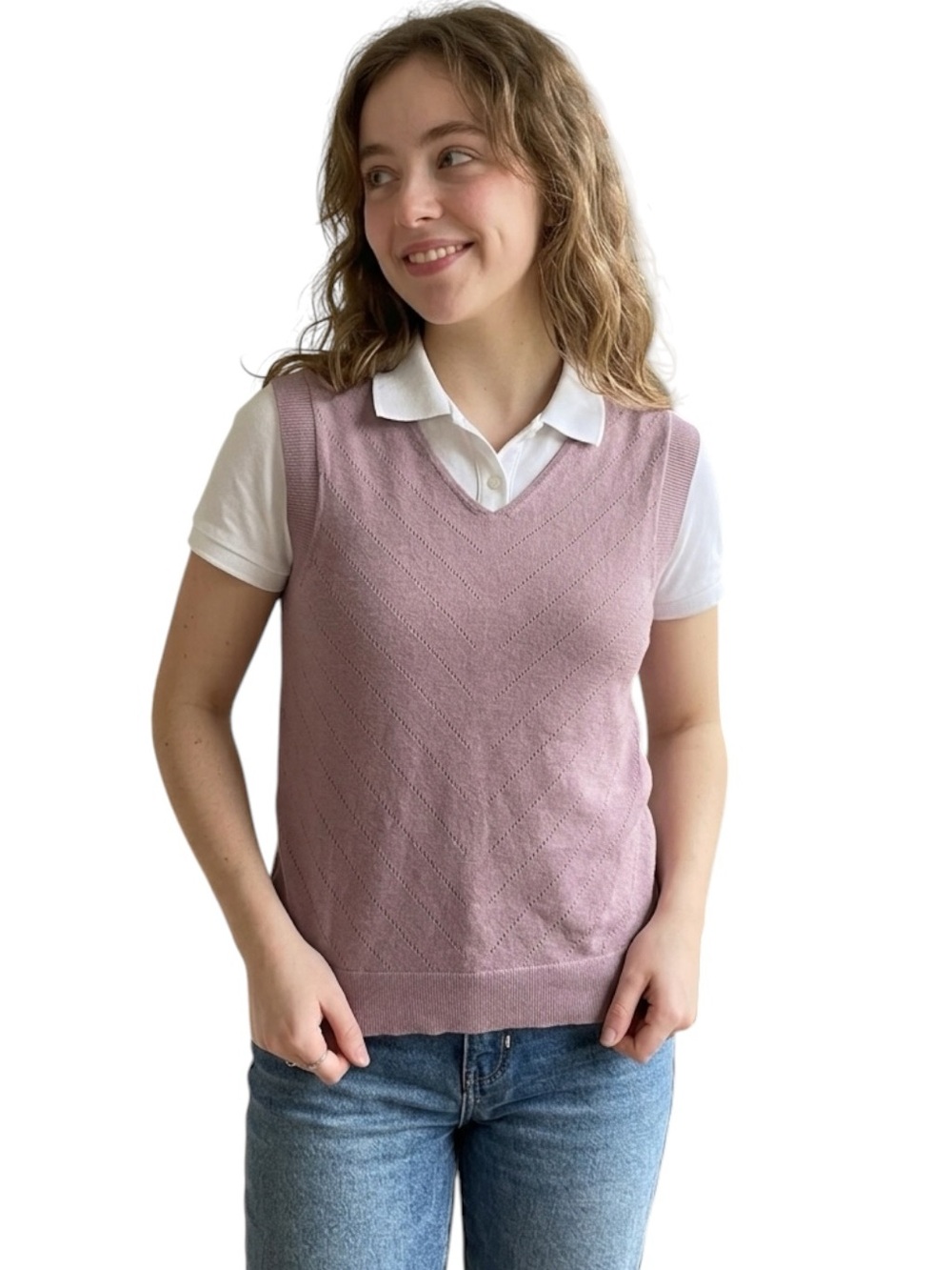 Grandmacore Sweater Vest Chevron Knit MEROKEETY Dusty Mauve XS